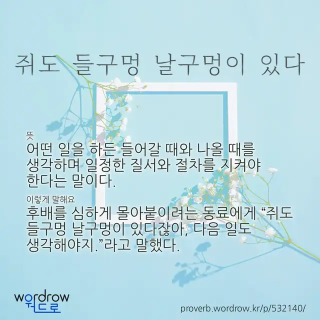 “쥐도 들구멍 날구멍이 있다” 글씨와 뜻·예문이 완성된 속담 영상 포스터