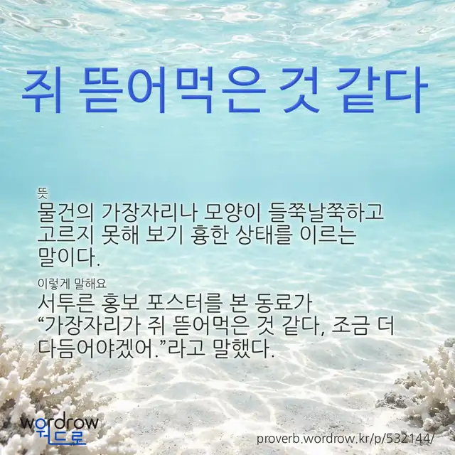 “쥐 뜯어먹은 것 같다” 글씨와 뜻·예문이 완성된 속담 영상 포스터