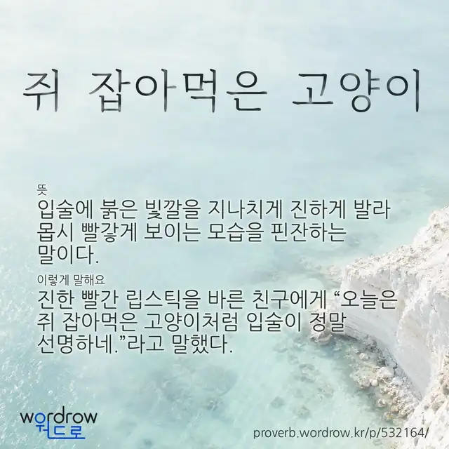 “쥐 잡아먹은 고양이” 글씨와 뜻·예문이 완성된 속담 영상 포스터