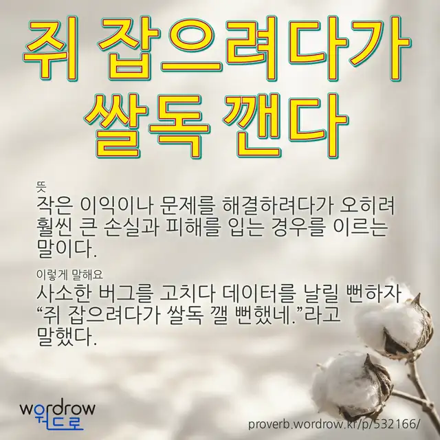“쥐 잡으려다가 쌀독 깬다” 글씨와 뜻·예문이 완성된 속담 영상 포스터