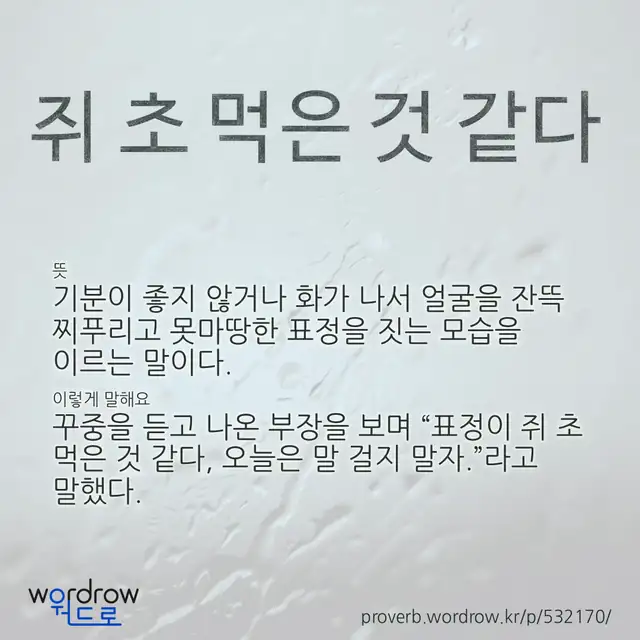 “쥐 초 먹은 것 같다” 글씨와 뜻·예문이 완성된 속담 영상 포스터