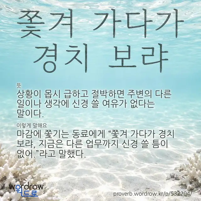 “쫓겨 가다가 경치 보랴” 글씨와 뜻·예문이 완성된 속담 영상 포스터