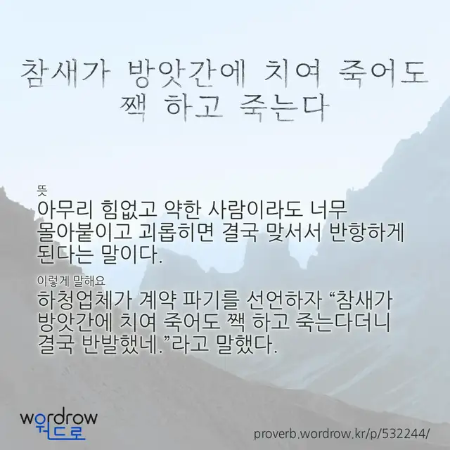“참새가 방앗간에 치여 죽어도 짹 하고 죽는다” 글씨와 뜻·예문이 완성된 속담 영상 포스터