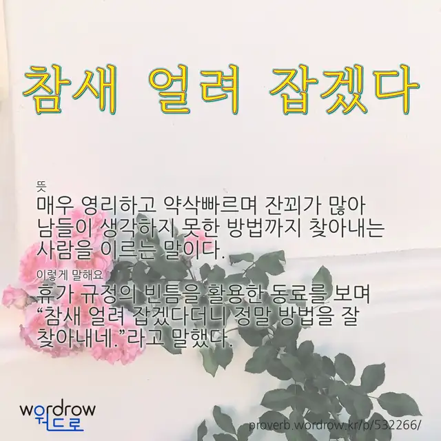 “참새 얼려 잡겠다” 글씨와 뜻·예문이 완성된 속담 영상 포스터