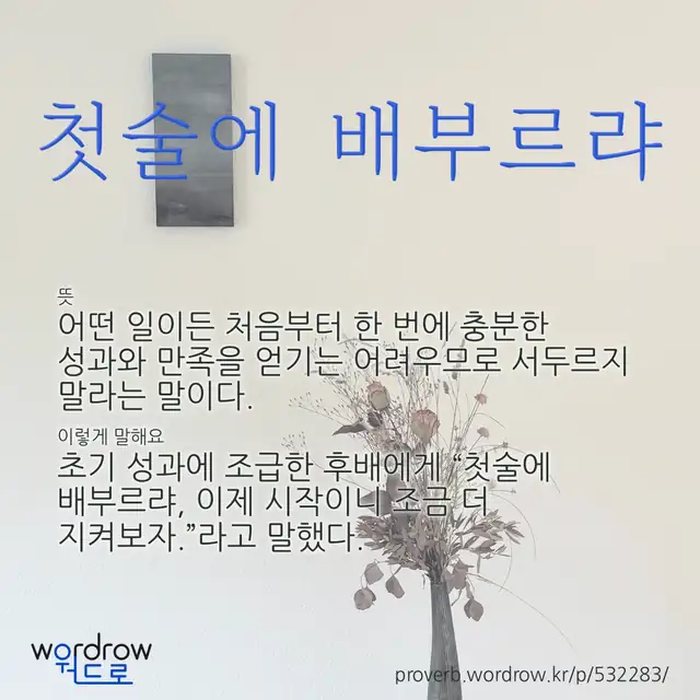 “첫술에 배부르랴” 글씨와 뜻·예문이 완성된 속담 영상 포스터