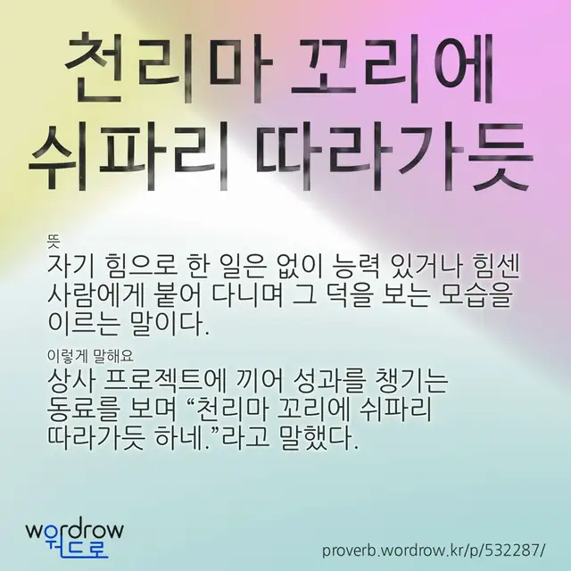 “천리마 꼬리에 쉬파리 따라가듯” 글씨와 뜻·예문이 완성된 속담 영상 포스터