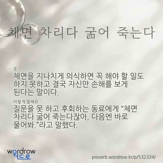 “체면 차리다 굶어 죽는다” 글씨와 뜻·예문이 완성된 속담 영상 포스터