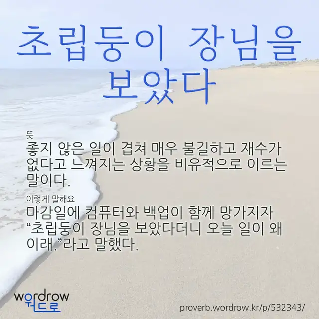 “초립둥이 장님을 보았다” 글씨와 뜻·예문이 완성된 속담 영상 포스터