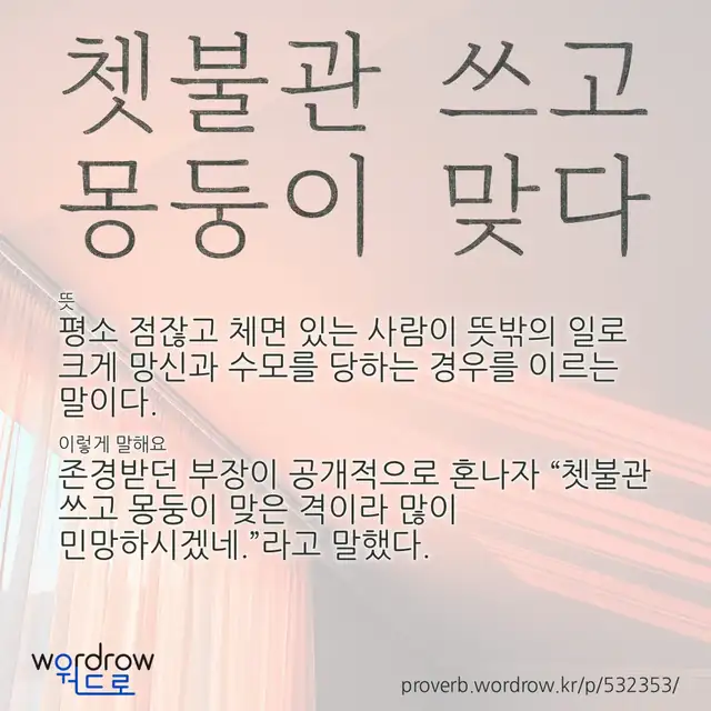 “쳇불관 쓰고 몽둥이 맞다” 글씨와 뜻·예문이 완성된 속담 영상 포스터