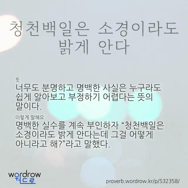 “청천백일은 소경이라도 밝게 안다” 글씨와 뜻·예문이 완성된 속담 영상 포스터