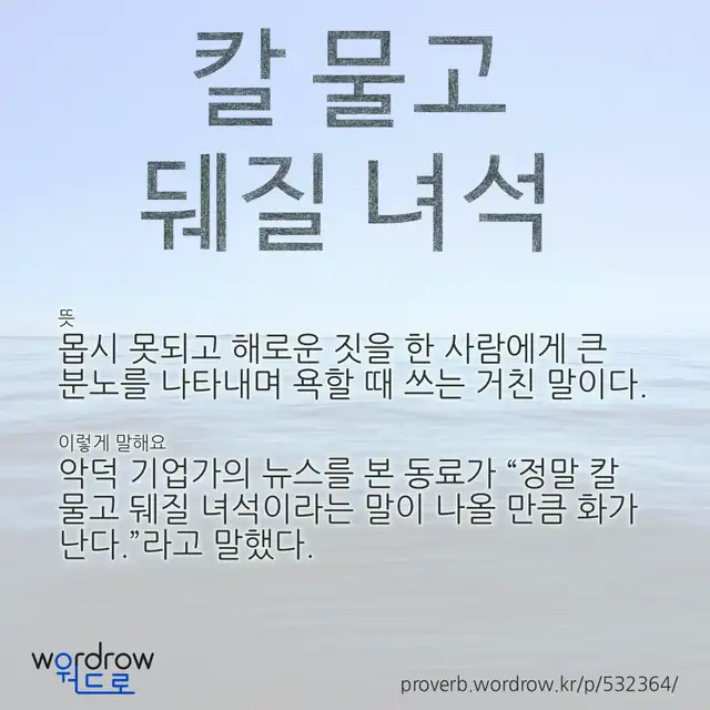 “칼 물고 뒈질 녀석” 글씨와 뜻·예문이 완성된 속담 영상 포스터
