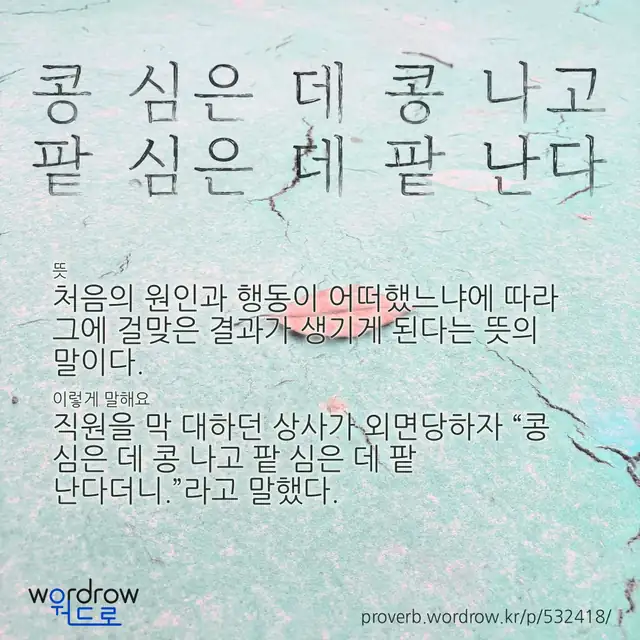 “콩 심은 데 콩 나고 팥 심은 데 팥 난다” 글씨와 뜻·예문이 완성된 속담 영상 포스터