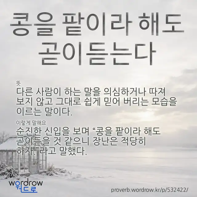 “콩을 팥이라 해도 곧이듣는다” 글씨와 뜻·예문이 완성된 속담 영상 포스터