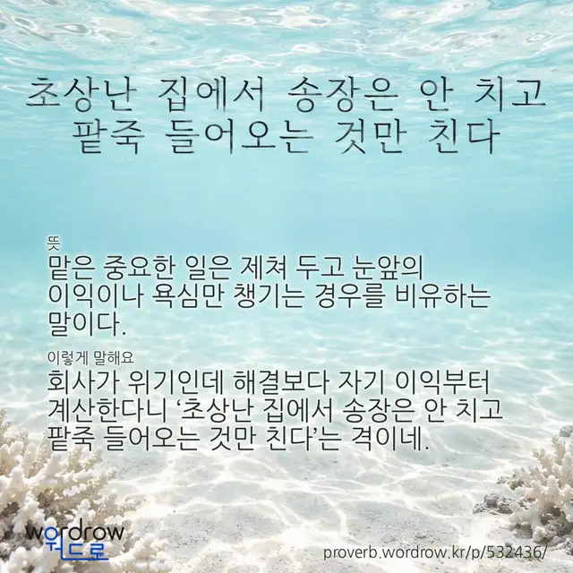 “초상난 집에서 송장은 안 치고 팥죽 들어오는 것만 친다” 글씨와 뜻·예문이 완성된 속담 영상 포스터