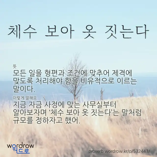 “체수 보아 옷 짓는다” 글씨와 뜻·예문이 완성된 속담 영상 포스터