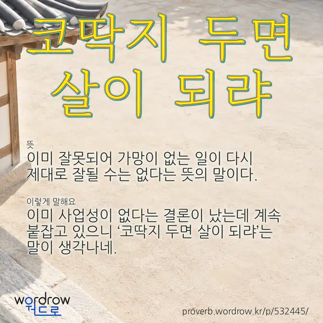 “코딱지 두면 살이 되랴” 글씨와 뜻·예문이 완성된 속담 영상 포스터