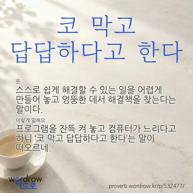 “코 막고 답답하다고 한다” 글씨와 뜻·예문이 완성된 속담 영상 포스터