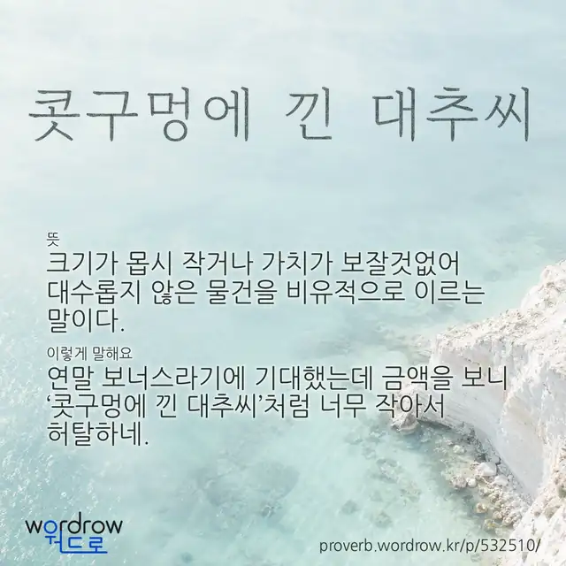 “콧구멍에 낀 대추씨” 글씨와 뜻·예문이 완성된 속담 영상 포스터