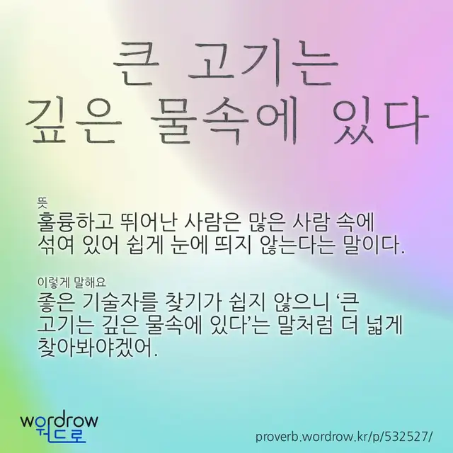 “큰 고기는 깊은 물속에 있다” 글씨와 뜻·예문이 완성된 속담 영상 포스터