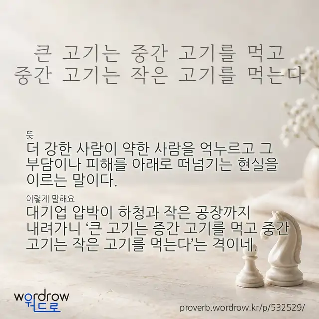 “큰 고기는 중간 고기를 먹고 중간 고기는 작은 고기를 먹는다” 글씨와 뜻·예문이 완성된 속담 영상 포스터
