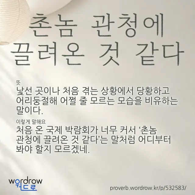 “촌놈 관청에 끌려온 것 같다” 글씨와 뜻·예문이 완성된 속담 영상 포스터
