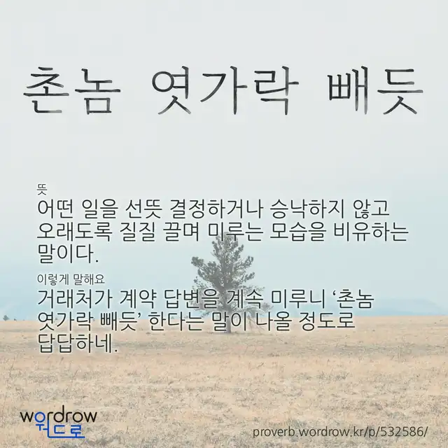 “촌놈 엿가락 빼듯” 글씨와 뜻·예문이 완성된 속담 영상 포스터