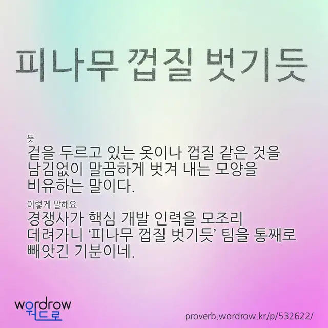 “피나무 껍질 벗기듯” 글씨와 뜻·예문이 완성된 속담 영상 포스터