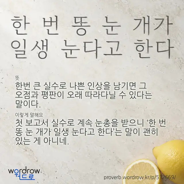 “한 번 똥 눈 개가 일생 눈다고 한다” 글씨와 뜻·예문이 완성된 속담 영상 포스터
