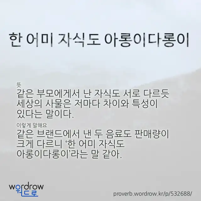 “한 어미 자식도 아롱이다롱이” 글씨와 뜻·예문이 완성된 속담 영상 포스터