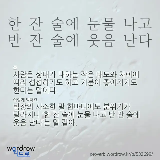 “한 잔 술에 눈물 나고 반 잔 술에 웃음 난다” 글씨와 뜻·예문이 완성된 속담 영상 포스터
