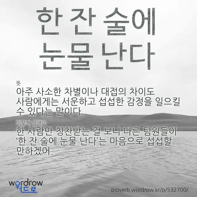 “한 잔 술에 눈물 난다” 글씨와 뜻·예문이 완성된 속담 영상 포스터