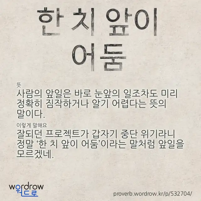 “한 치 앞이 어둠” 글씨와 뜻·예문이 완성된 속담 영상 포스터