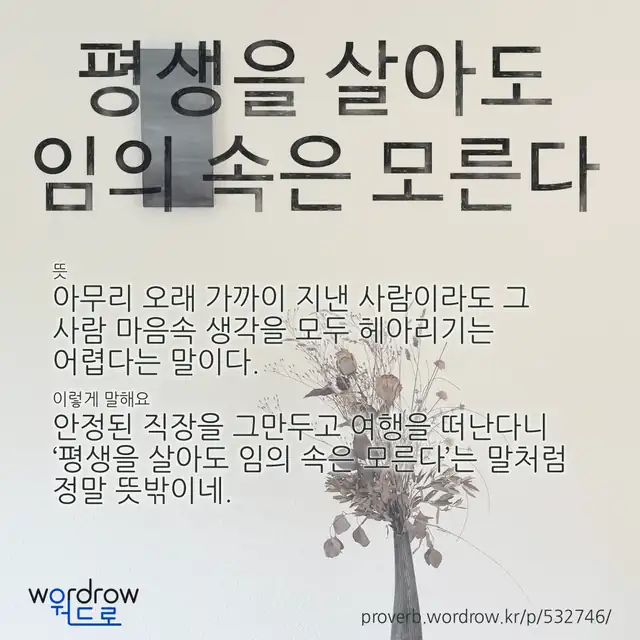 “평생을 살아도 임의 속은 모른다” 글씨와 뜻·예문이 완성된 속담 영상 포스터
