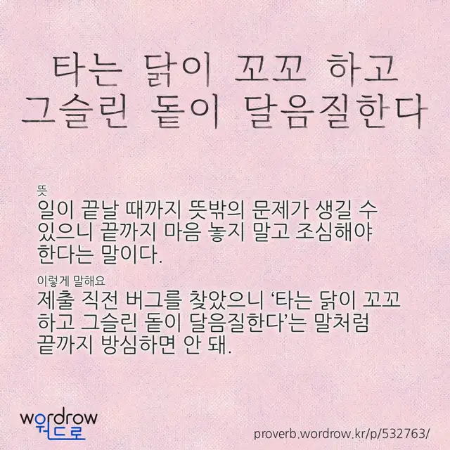 “타는 닭이 꼬꼬 하고 그슬린 돝이 달음질한다” 글씨와 뜻·예문이 완성된 속담 영상 포스터