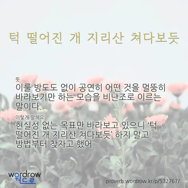 “턱 떨어진 개 지리산 쳐다보듯” 글씨와 뜻·예문이 완성된 속담 영상 포스터