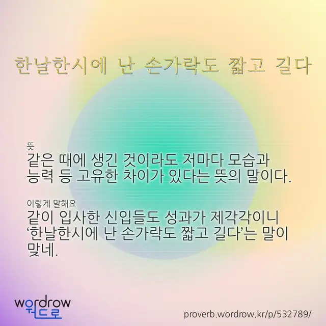 “한날한시에 난 손가락도 짧고 길다” 글씨와 뜻·예문이 완성된 속담 영상 포스터