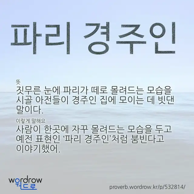 “파리 경주인” 글씨와 뜻·예문이 완성된 속담 영상 포스터