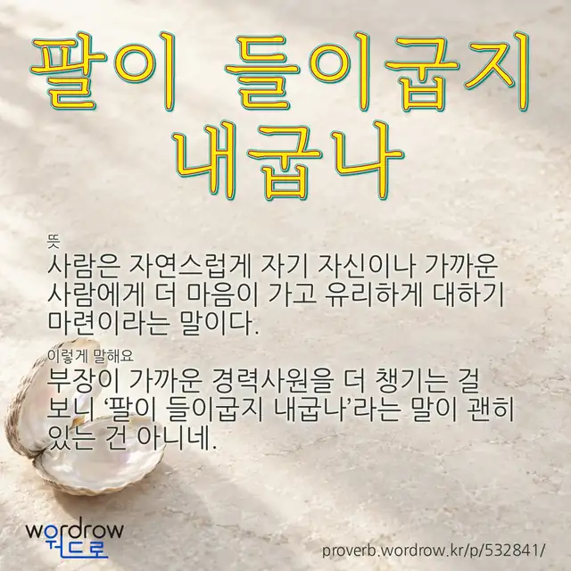 “팔이 들이굽지 내굽나” 글씨와 뜻·예문이 완성된 속담 영상 포스터