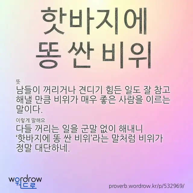 “핫바지에 똥 싼 비위” 글씨와 뜻·예문이 완성된 속담 영상 포스터