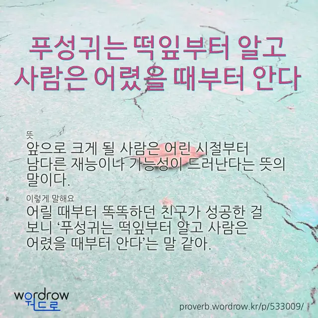 “푸성귀는 떡잎부터 알고 사람은 어렸을 때부터 안다” 글씨와 뜻·예문이 완성된 속담 영상 포스터