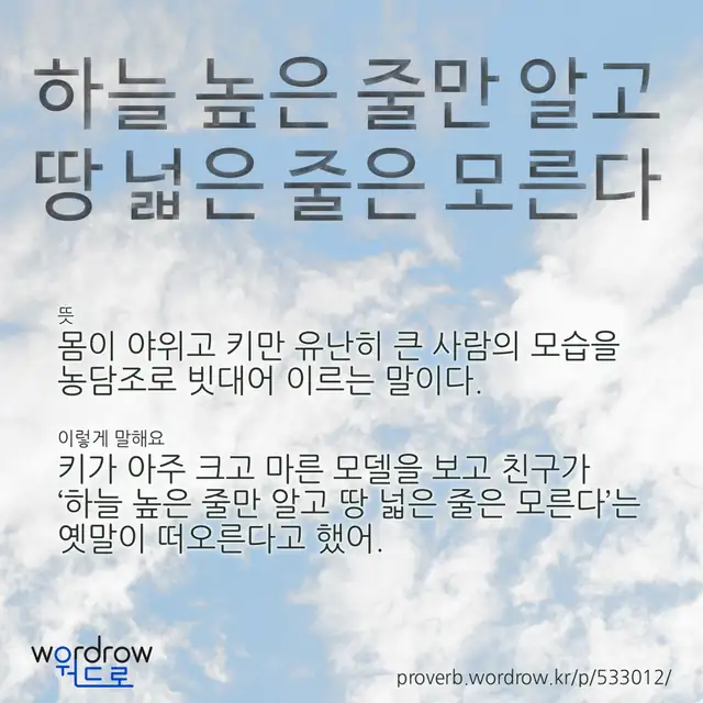 “하늘 높은 줄만 알고 땅 넓은 줄은 모른다” 글씨와 뜻·예문이 완성된 속담 영상 포스터