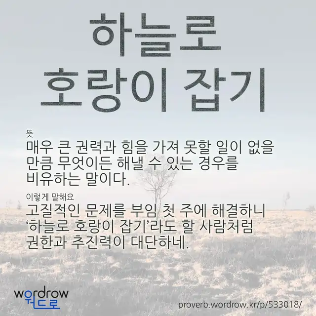 “하늘로 호랑이 잡기” 글씨와 뜻·예문이 완성된 속담 영상 포스터
