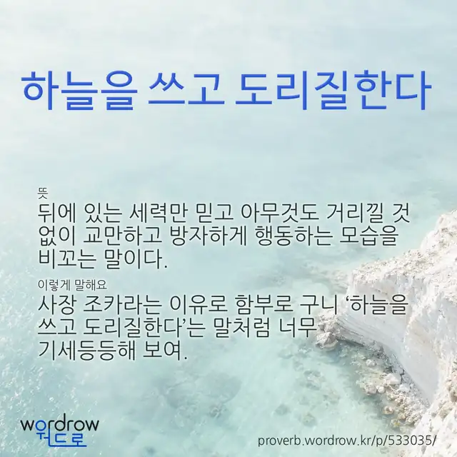 “하늘을 쓰고 도리질한다” 글씨와 뜻·예문이 완성된 속담 영상 포스터