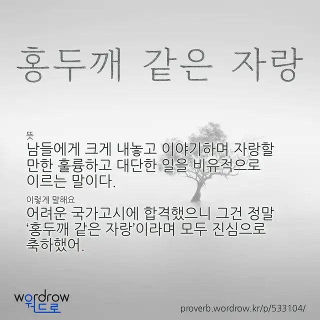“홍두깨 같은 자랑” 글씨와 뜻·예문이 완성된 속담 영상 포스터