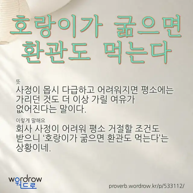 “호랑이가 굶으면 환관도 먹는다” 글씨와 뜻·예문이 완성된 속담 영상 포스터