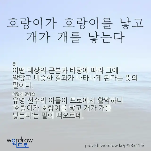 “호랑이가 호랑이를 낳고 개가 개를 낳는다” 글씨와 뜻·예문이 완성된 속담 영상 포스터