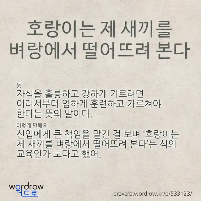 “호랑이는 제 새끼를 벼랑에서 떨어뜨려 본다” 글씨와 뜻·예문이 완성된 속담 영상 포스터