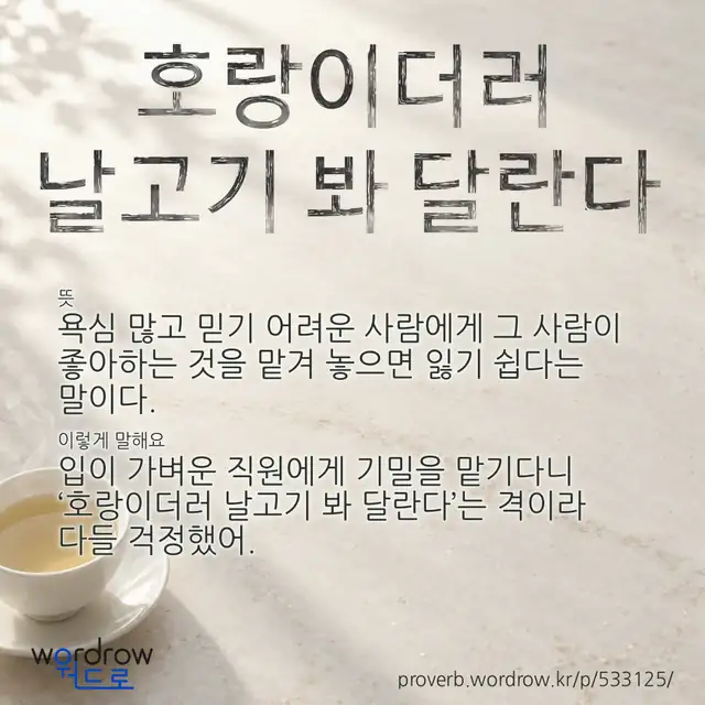 “호랑이더러 날고기 봐 달란다” 글씨와 뜻·예문이 완성된 속담 영상 포스터
