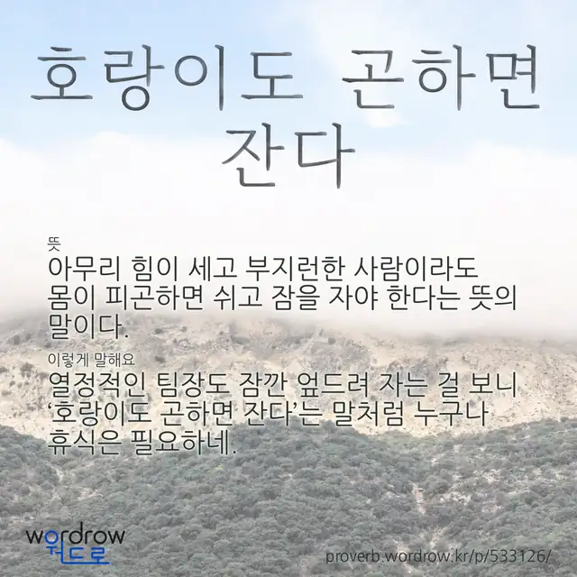 “호랑이도 곤하면 잔다” 글씨와 뜻·예문이 완성된 속담 영상 포스터