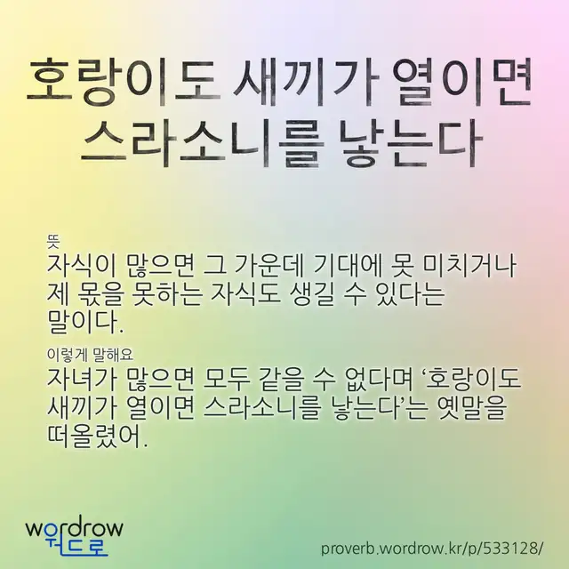 “호랑이도 새끼가 열이면 스라소니를 낳는다” 글씨와 뜻·예문이 완성된 속담 영상 포스터